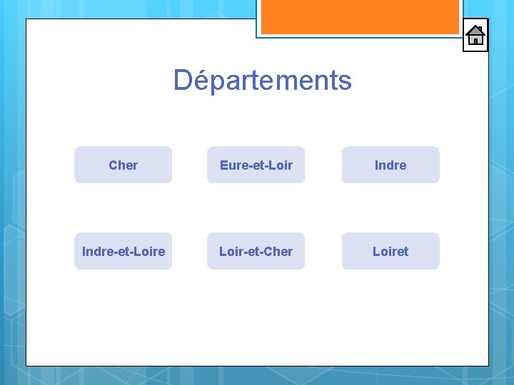 Départements Cher Eure-et-Loir Indre-et-Loire Loir-et-Cher Loiret Départements Cher Eure-et-Loir Indre-et-Loire Loir-et-Cher Loiret
