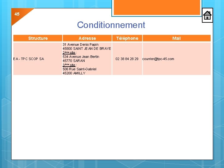 45 Conditionnement Structure EA - TPC SCOP SA Adresse Téléphone 31 Avenue Denis Papin 45 Conditionnement Structure EA - TPC SCOP SA Adresse Téléphone 31 Avenue Denis Papin