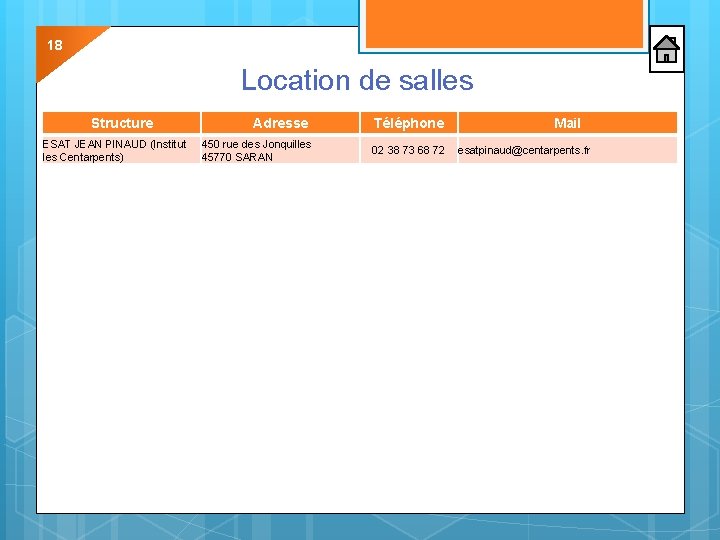 18 Location de salles Structure ESAT JEAN PINAUD (Institut les Centarpents) Adresse 450 rue 18 Location de salles Structure ESAT JEAN PINAUD (Institut les Centarpents) Adresse 450 rue