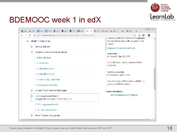 BDEMOOC week 1 in ed. X Towards Deeper Integration of Intelligent Tutoring Systems: One-way