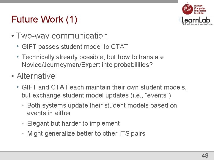 Future Work (1) • Two-way communication • GIFT passes student model to CTAT •