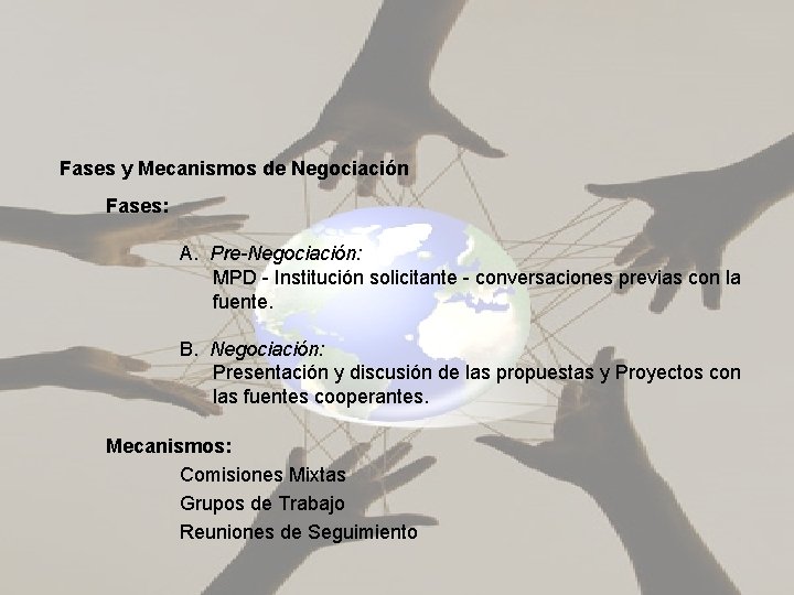 Fases y Mecanismos de Negociación Fases: A. Pre-Negociación: MPD - Institución solicitante - conversaciones