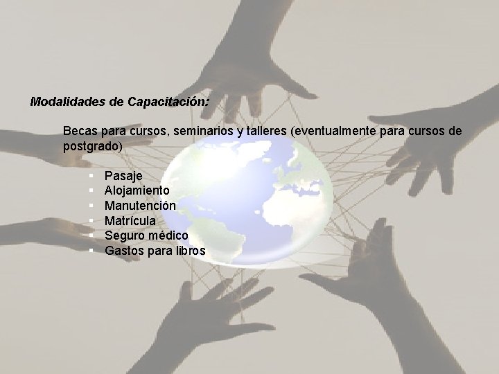 Modalidades de Capacitación: Becas para cursos, seminarios y talleres (eventualmente para cursos de postgrado)