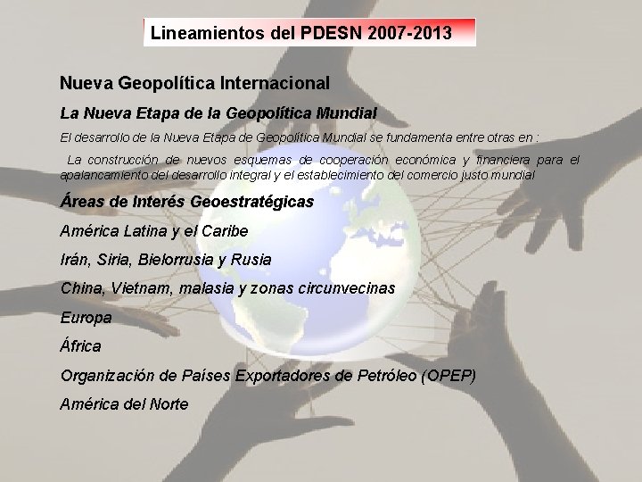 Lineamientos del PDESN 2007 -2013 Nueva Geopolítica Internacional La Nueva Etapa de la Geopolítica