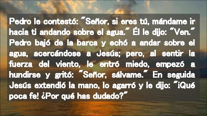 Pedro le contestó: "Señor, si eres tú, mándame ir hacia ti andando sobre el