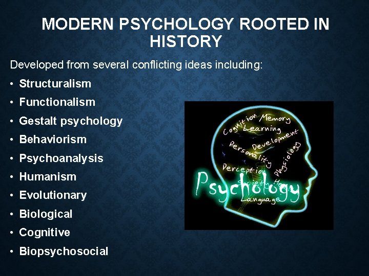 MODERN PSYCHOLOGY ROOTED IN HISTORY Developed from several conflicting ideas including: • Structuralism •