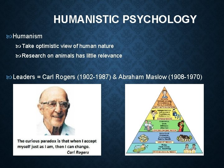 HUMANISTIC PSYCHOLOGY Humanism Take optimistic view of human nature Research on animals has little