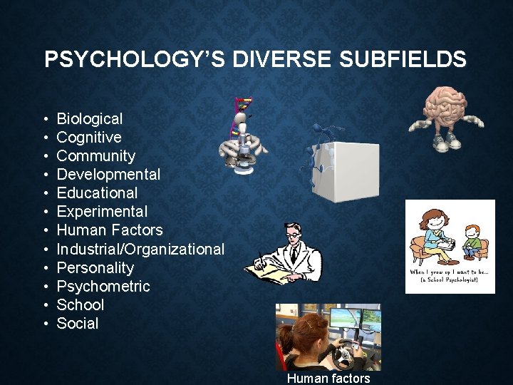 PSYCHOLOGY’S DIVERSE SUBFIELDS • • • Biological Cognitive Community Developmental Educational Experimental Human Factors