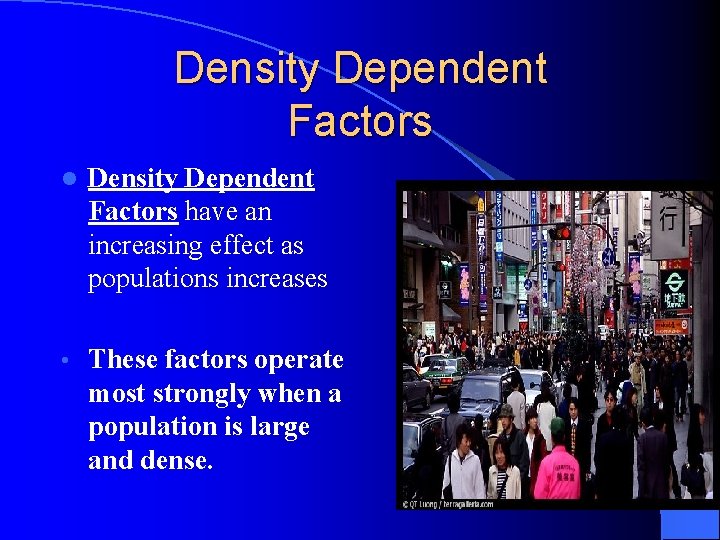 Density Dependent Factors l Density Dependent Factors have an increasing effect as populations increases