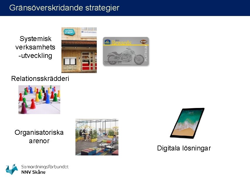 Gränsöverskridande strategier Systemisk verksamhets -utveckling Relationsskrädderi Organisatoriska arenor Digitala lösningar 