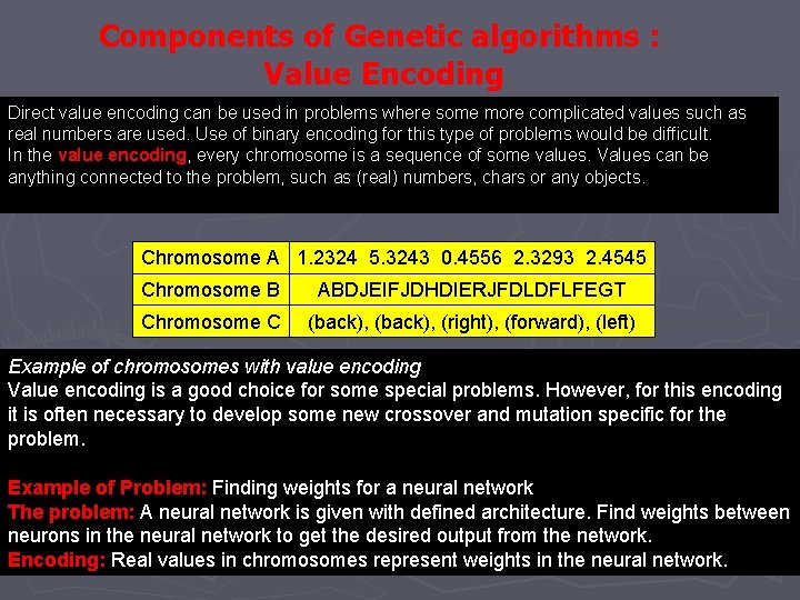 Components of Genetic algorithms : Value Encoding Direct value encoding can be used in Components of Genetic algorithms : Value Encoding Direct value encoding can be used in