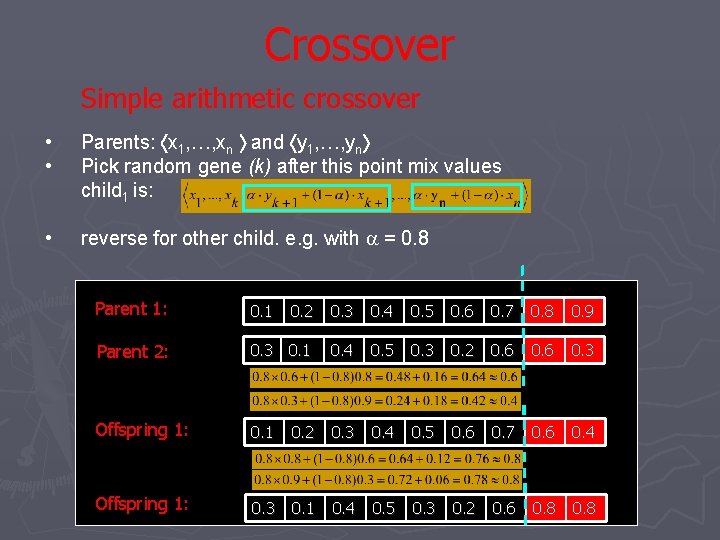 Crossover Simple arithmetic crossover • • Parents: x 1, …, xn and y 1, Crossover Simple arithmetic crossover • • Parents: x 1, …, xn and y 1,