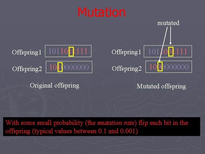 Mutation Offspring 1 1011011111 Offspring 2 1010000000 Original offspring mutated Offspring 1 1011001111 Offspring Mutation Offspring 1 1011011111 Offspring 2 1010000000 Original offspring mutated Offspring 1 1011001111 Offspring