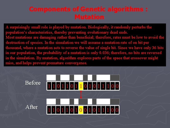 Components of Genetic algorithms : Mutation A surprisingly small role is played by mutation. Components of Genetic algorithms : Mutation A surprisingly small role is played by mutation.