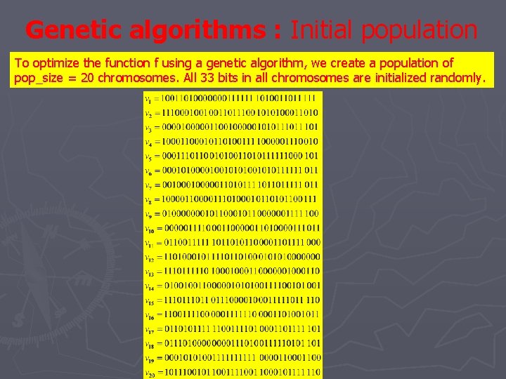 Genetic algorithms : Initial population To optimize the function f using a genetic algorithm, Genetic algorithms : Initial population To optimize the function f using a genetic algorithm,