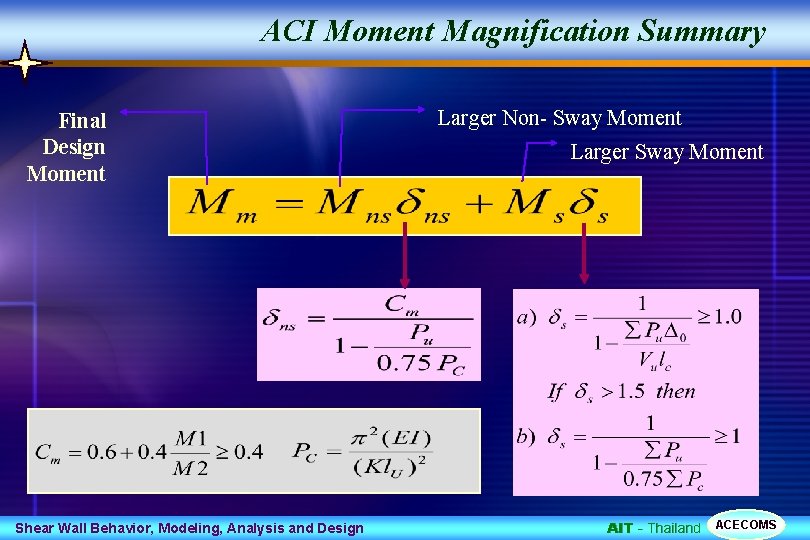 ACI Moment Magnification Summary Final Design Moment Shear Wall Behavior, Modeling, Analysis and Design
