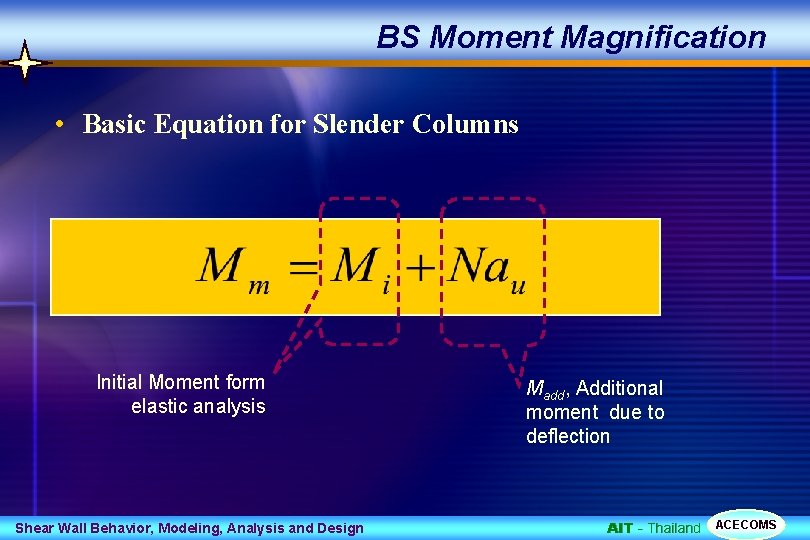 BS Moment Magnification • Basic Equation for Slender Columns Initial Moment form elastic analysis