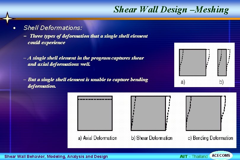 Shear Wall Design –Meshing • Shell Deformations: – Three types of deformation that a