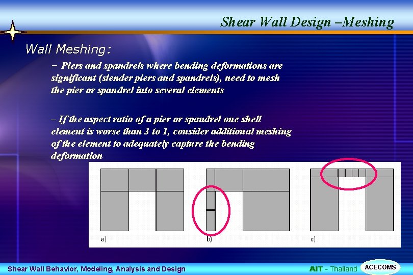 Shear Wall Design –Meshing Wall Meshing: – Piers and spandrels where bending deformations are