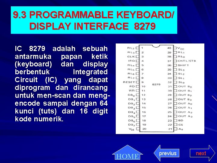 9. 3 PROGRAMMABLE KEYBOARD/ DISPLAY INTERFACE 8279 IC 8279 adalah sebuah antarmuka papan ketik