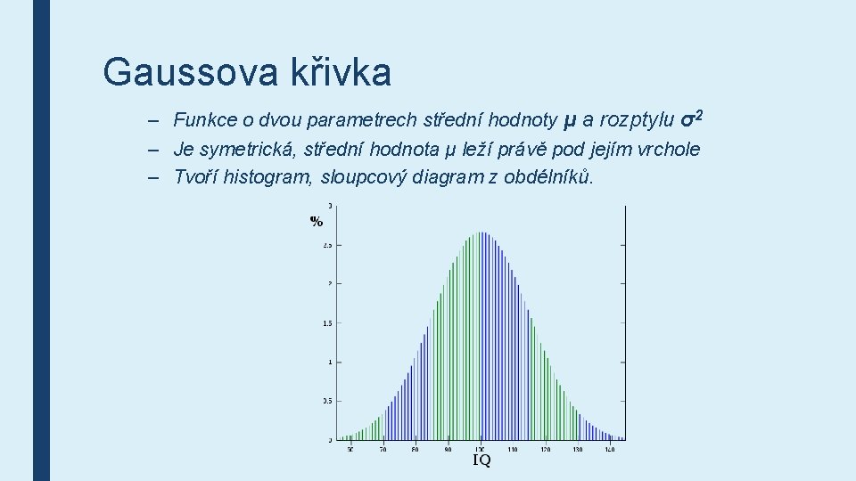 Gaussova křivka – Funkce o dvou parametrech střední hodnoty μ a rozptylu σ2 –