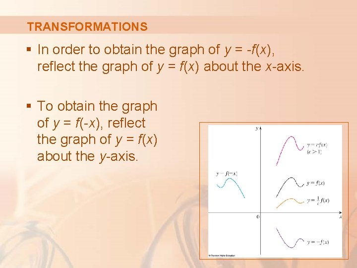 TRANSFORMATIONS § In order to obtain the graph of y = -f(x), reflect the