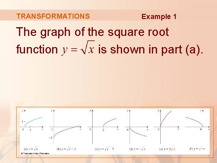 TRANSFORMATIONS Example 1 The graph of the square root function is shown in part