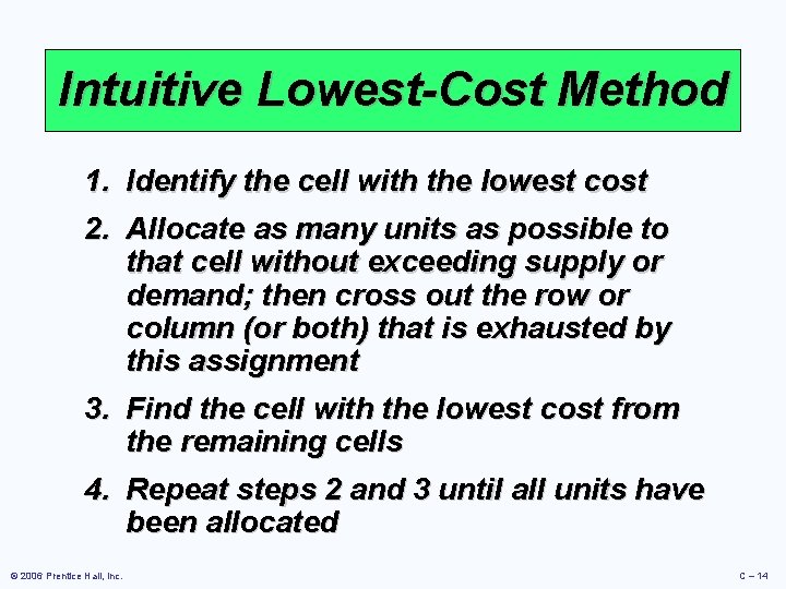 Intuitive Lowest-Cost Method 1. 2. Identify the cell with the lowest cost Allocate as Intuitive Lowest-Cost Method 1. 2. Identify the cell with the lowest cost Allocate as