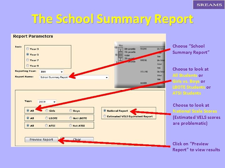 The School Summary Report Choose “School Summary Report” 2010 Choose to look at All