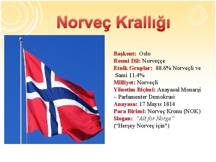 Norveç Krallığı Başkent: Oslo Resmi Dil: Norveççe Etnik Gruplar: 88. 6% Norveçli ve Sami