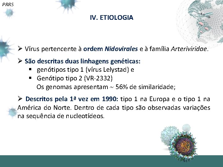 PRRS IV. ETIOLOGIA Ø Vírus pertencente à ordem Nidovirales e à família Arteriviridae. Ø