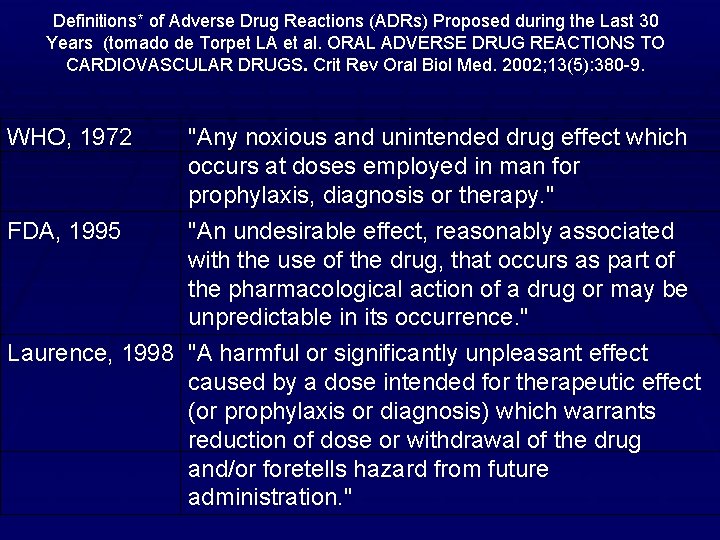 Definitions* of Adverse Drug Reactions (ADRs) Proposed during the Last 30 Years (tomado de