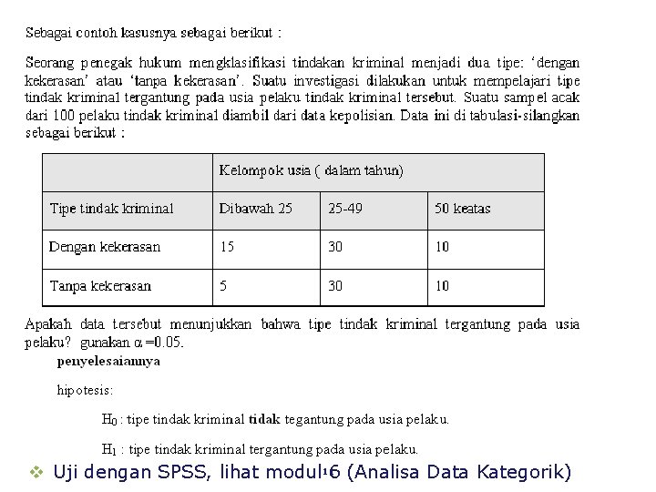 v Uji dengan SPSS, lihat modul 116 (Analisa Data Kategorik) 