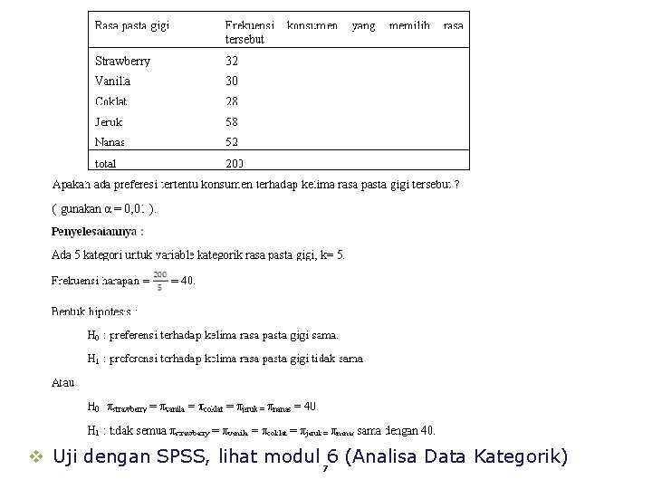 v Uji dengan SPSS, lihat modul 6 (Analisa Data Kategorik) 7 