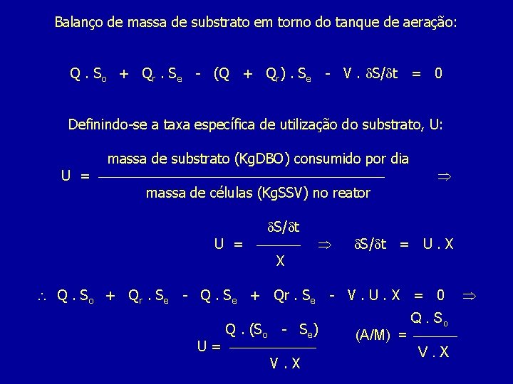 Balanço de massa de substrato em torno do tanque de aeração: Q. So +