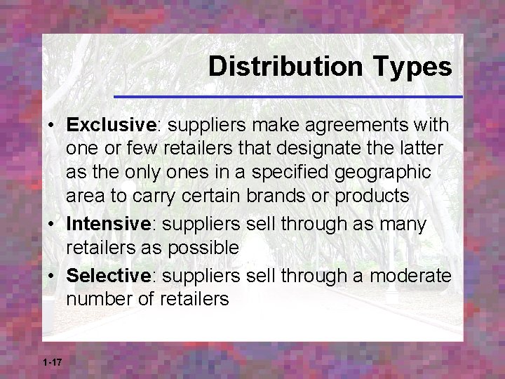 Distribution Types • Exclusive: suppliers make agreements with one or few retailers that designate