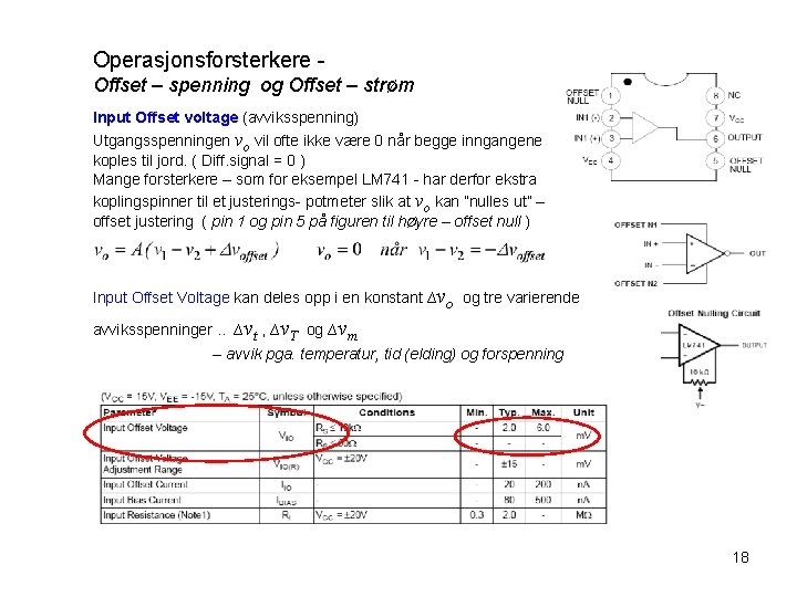 Operasjonsforsterkere - Offset – spenning og Offset – strøm Input Offset voltage (avviksspenning) Utgangsspenningen