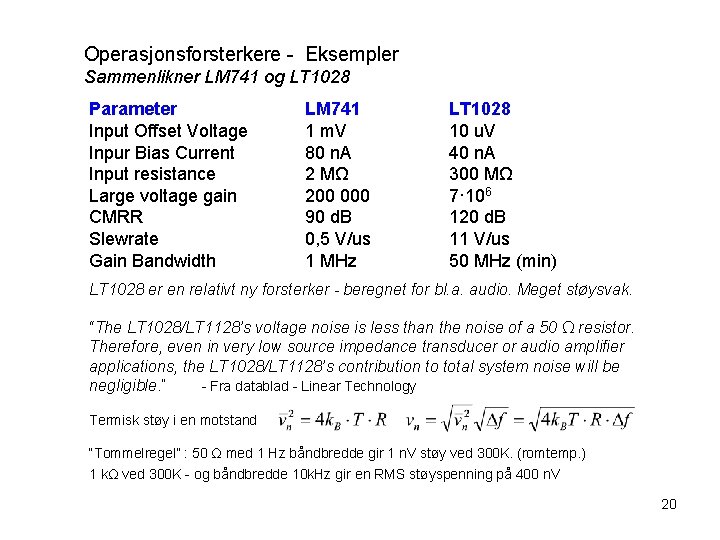 Operasjonsforsterkere - Eksempler Sammenlikner LM 741 og LT 1028 Parameter LM 741 LT 1028