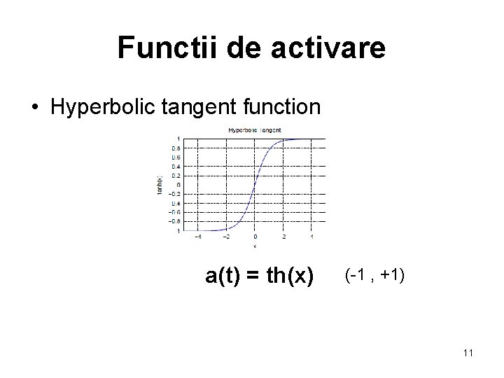 Functii de activare • Hyperbolic tangent function a(t) = th(x) (-1 , +1) 11