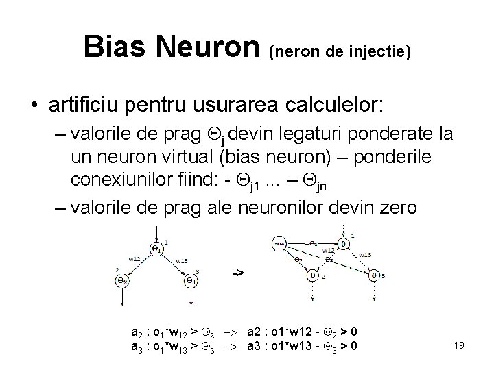 Bias Neuron (neron de injectie) • artificiu pentru usurarea calculelor: – valorile de prag