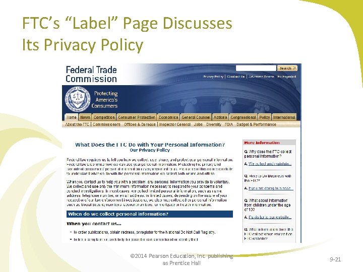 FTC’s “Label” Page Discusses Its Privacy Policy © 2014 Pearson Education, Inc. publishing as