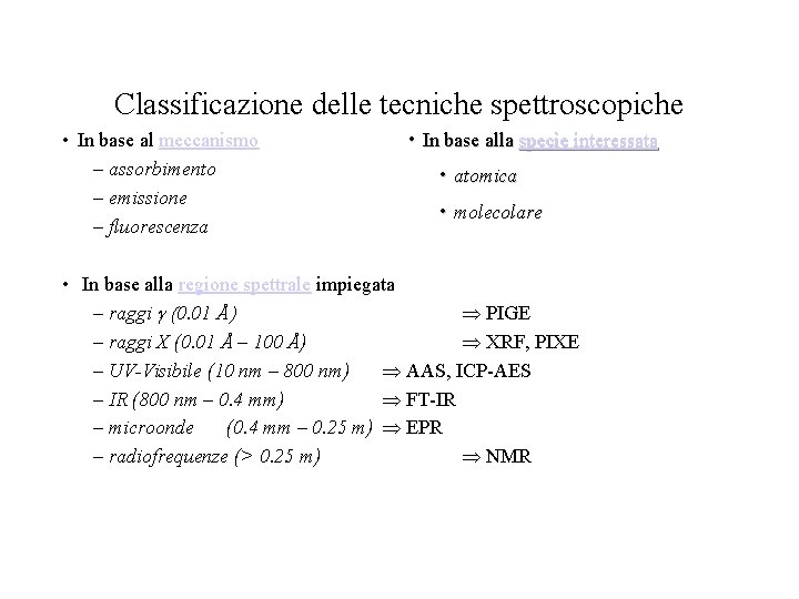 Classificazione delle tecniche spettroscopiche • In base al meccanismo – assorbimento – emissione –