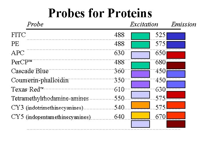 Probes for Proteins Probe FITC PE APC Per. CP™ Cascade Blue Coumerin-phalloidin Texas Red™