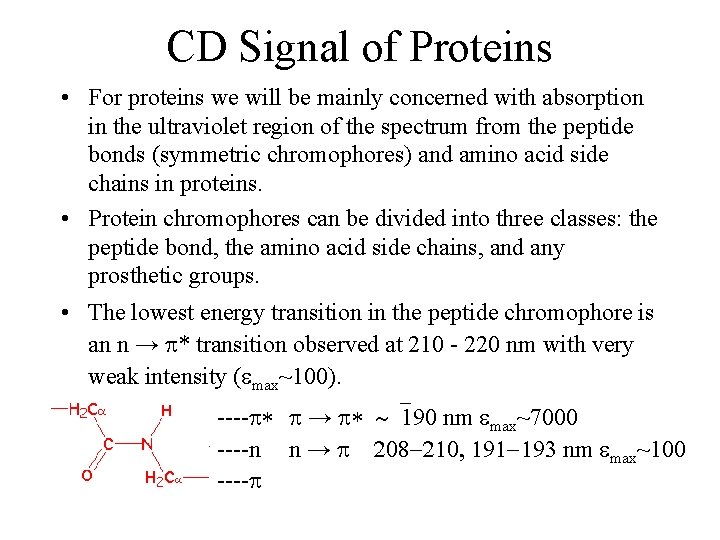 CD Signal of Proteins • For proteins we will be mainly concerned with absorption