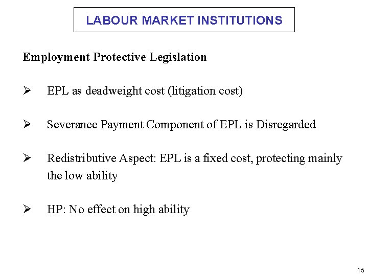 LABOUR MARKET INSTITUTIONS Employment Protective Legislation Ø EPL as deadweight cost (litigation cost) Ø