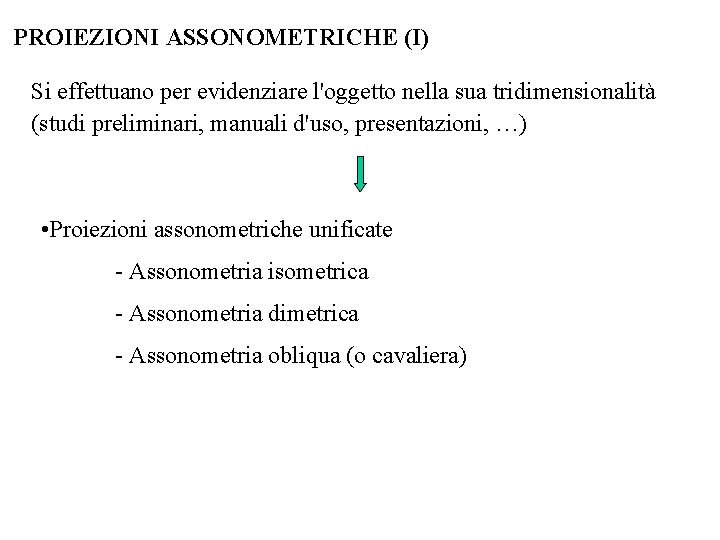 PROIEZIONI ASSONOMETRICHE (I) Si effettuano per evidenziare l'oggetto nella sua tridimensionalità (studi preliminari, manuali PROIEZIONI ASSONOMETRICHE (I) Si effettuano per evidenziare l'oggetto nella sua tridimensionalità (studi preliminari, manuali
