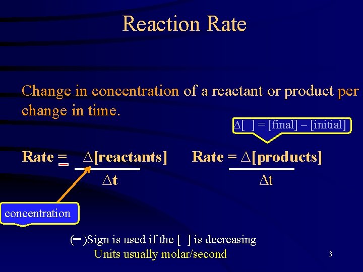 Reaction Rate Change in concentration of a reactant or product per change in time.