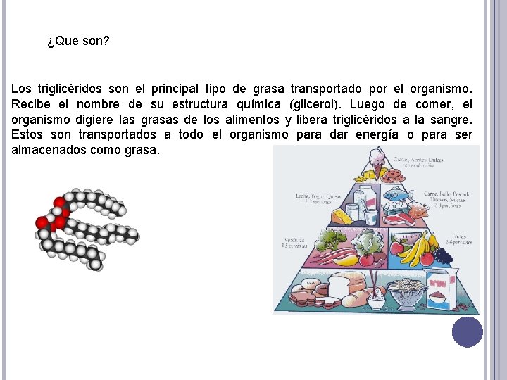 ¿Que son? Los triglicéridos son el principal tipo de grasa transportado por el organismo.