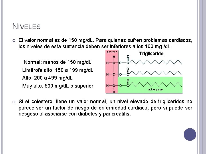 NIVELES El valor normal es de 150 mg/d. L. Para quienes sufren problemas cardiacos,