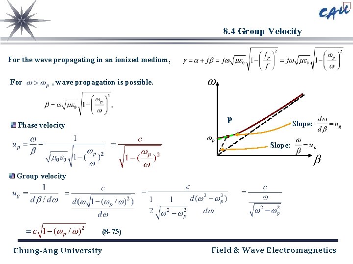 8. 4 Group Velocity For the wave propagating in an ionized medium, For ,